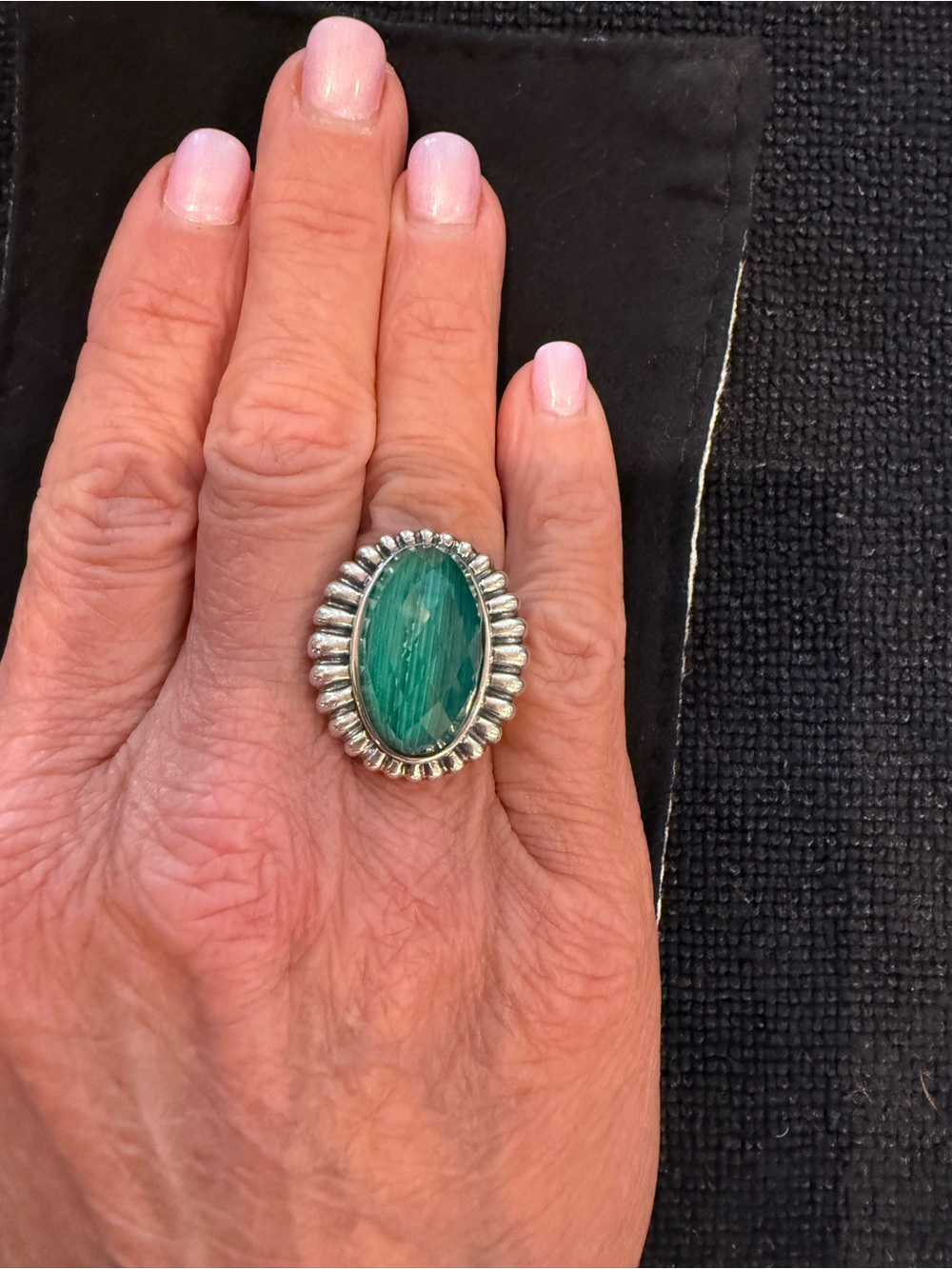 Lagos 925 Sterling Silver Caviar Oval Green Malachite Bezel Ring, Size 5, Signed